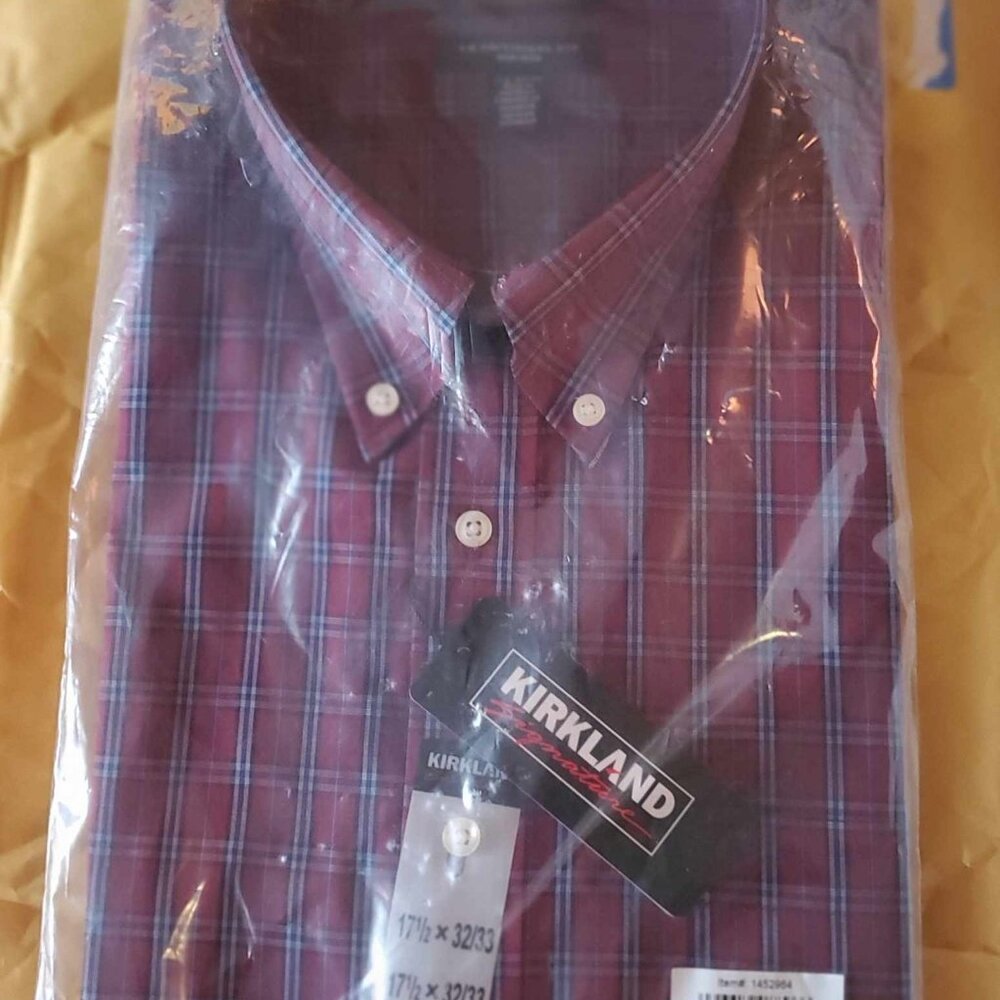 Men's Dress Shirt 17.5x32/33 Red/Blue Plaid NEW w/Tags Kirkland Signature Costco
